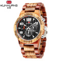 KUNHUANG 1016 New men's Wood Watch large dial movement multi-function sandalwood quartz watch with luminous